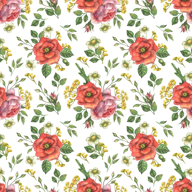 Fondo con acuarela de flores de amapola y peonía y ramas verdes