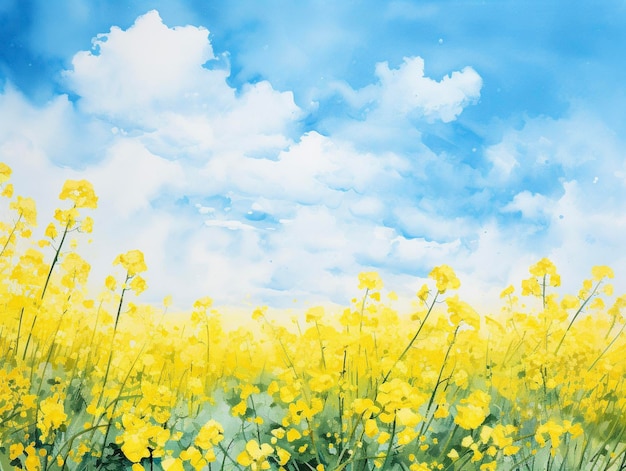 Fondo de acuarela con flores de canola amarillas y cielo azul