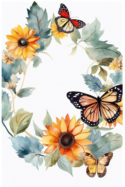 Un fondo de acuarela con un girasol y una mariposa.