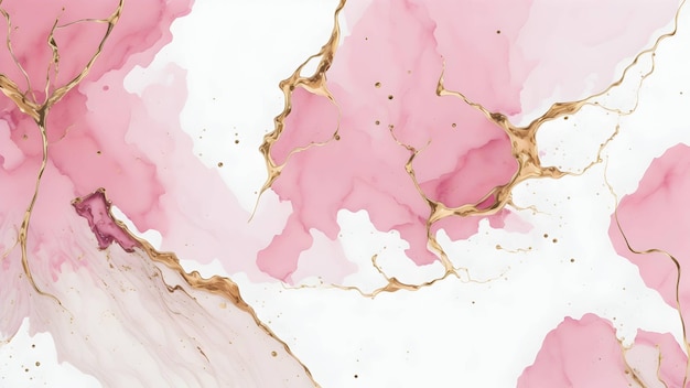 Fondo de acuarela líquida de rubor rosa abstracto con líneas doradas puntos y manchas