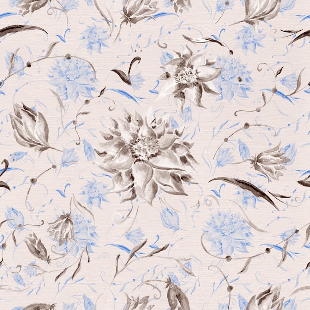Fondo de acuarela pintado a mano con peonía marrón y azul sobre lienzo de lino