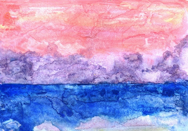 Fondo acuarela rosa abstracta de cielo y mar azul