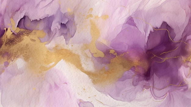Fondo de acuarela de textura de mármol púrpura abstracto en papel con arte de línea de oro