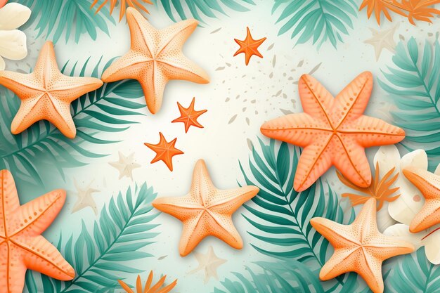 Fondo de acuarela de verano tropical con ramas de palmeras y estrellas de mar