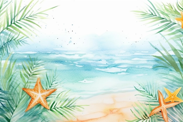 Foto fondo de acuarela de verano tropical con ramas de palmeras y estrellas de mar