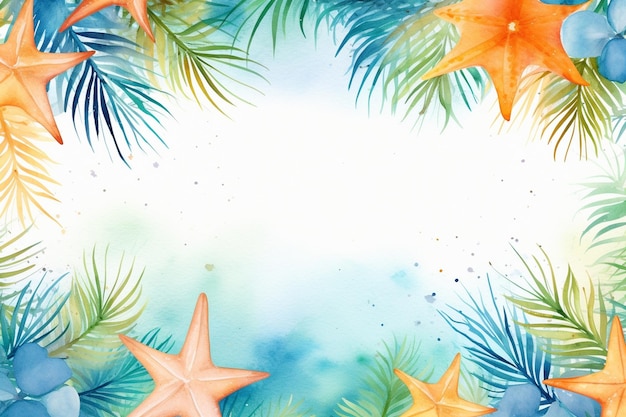 Foto fondo de acuarela de verano tropical con ramas de palmeras y estrellas de mar