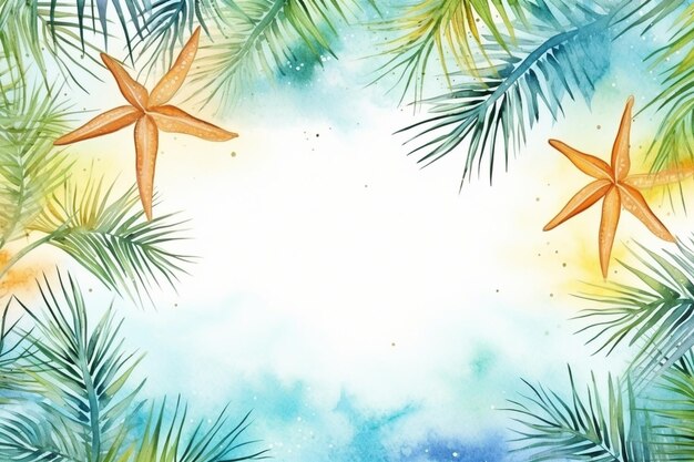 Foto fondo de acuarela de verano tropical con ramas de palmeras y estrellas de mar