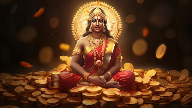 Fondo de adoración del festival indio Dhanteras y Diwali con monedas de oro de la diosa Lakshmi Laxmi ilustración stock