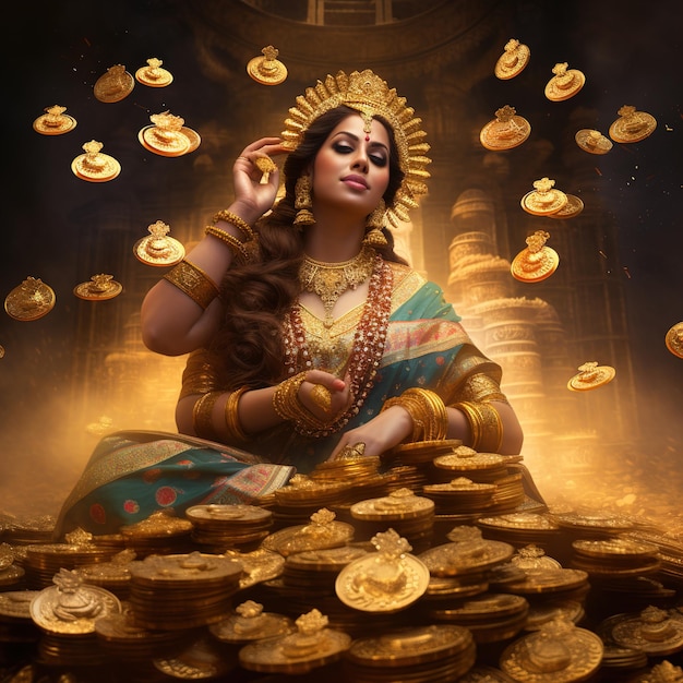 Fondo de adoración del festival indio Dhanteras y Diwali con monedas de oro de la diosa Lakshmi Laxmi ilustración stock