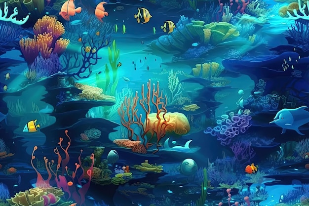 Fondo con adorno marino de patrones sin fisuras con peces y vida submarina en el océano Ilustración generativa de IA