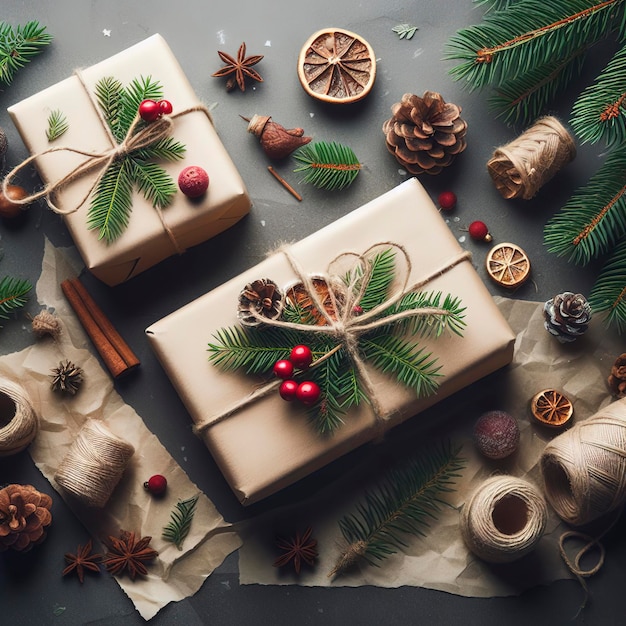 Fondo aislado de Navidad con dos conos y ramas de abeto de regalos empaquetados