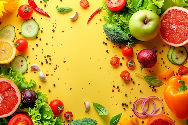 Fondo de alimentos abstractos con ingredientes como frutas, verduras y especias