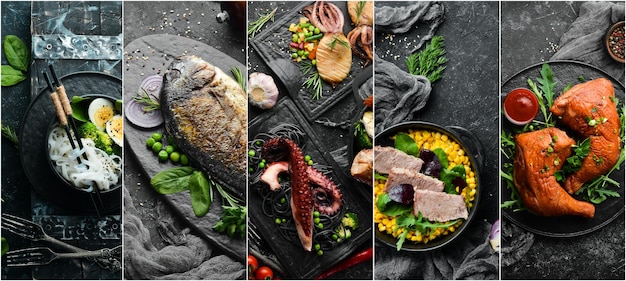 Fondo de alimentos Collage de platos y bebidas sobre fondo de piedra negra