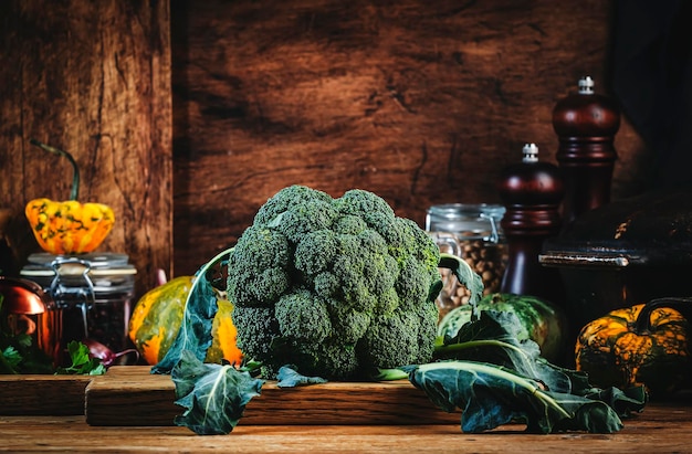 Fondo de alimentos con granja orgánica brócoli repollo calabazas hierbas y especias en la mesa de la cocina de madera rústica con sartén de hierro fundido molinillos de especias tabla de cortar