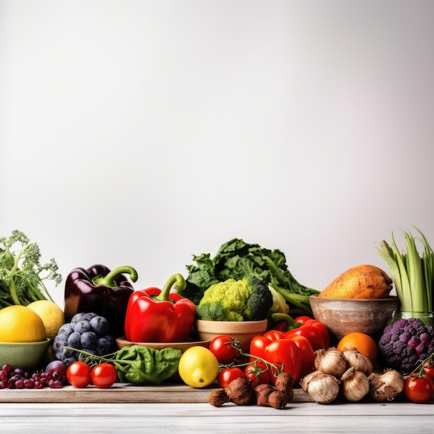 Fondo de alimentos saludables Fotografía de alimentos de frutas y verduras en mesa blanca IA generativa