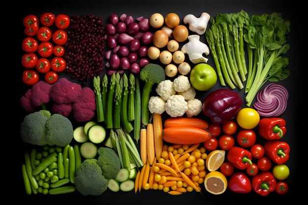 Fondo de alimentos con variedad de vegetales coloridos orgánicos frescos AI generativa