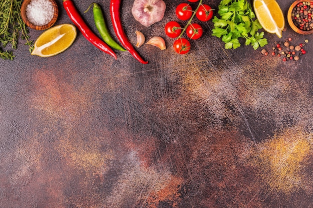 Foto fondo de alimentos con verduras, especias, hierbas.