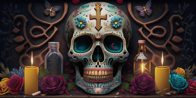 fondo de altar de calavera colorida del día de los muertos