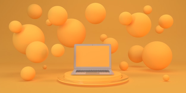 Fondo amarillo abstracto con pedestal de esfera voladora con laptop