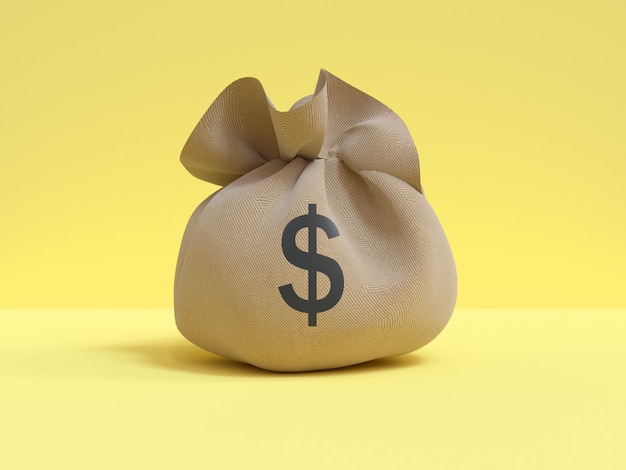 fondo amarillo bolsa de dinero representación 3d