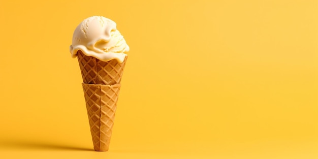 Un fondo amarillo con un cono de helado de vainilla.