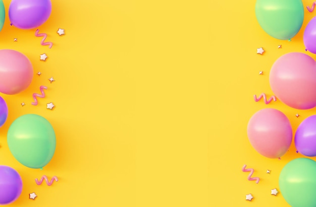 Fondo amarillo festivo con globos y estrellas Ilustración de renderizado 3d con espacio vacío Banner o tarjeta de felicitación