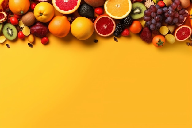 Foto un fondo amarillo con frutas y bayas