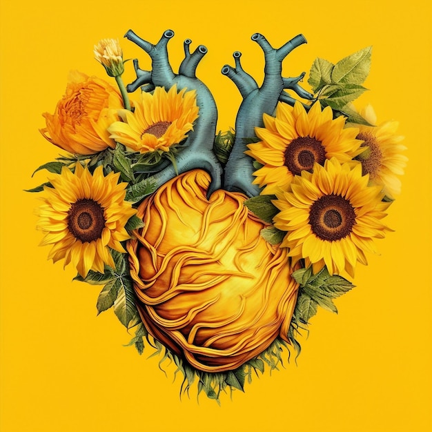 Un fondo amarillo con girasoles y un corazón con las palabras "corazón".