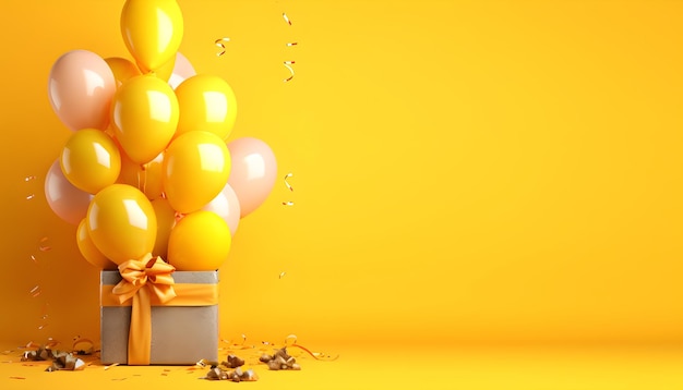 un fondo amarillo con globos y cajas de regalos