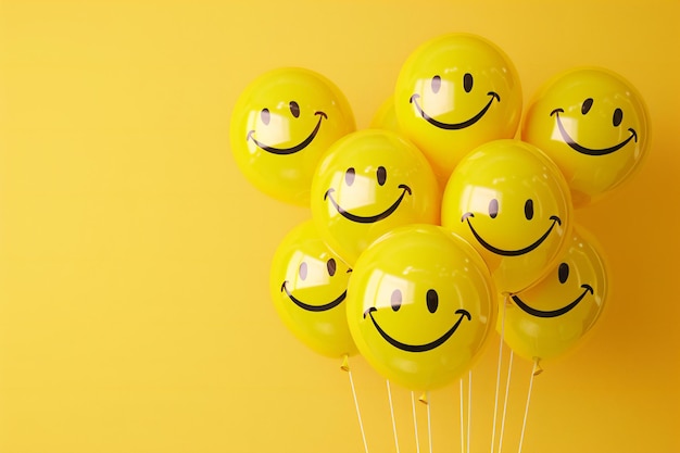 Un fondo amarillo con globos de caras sonrientes en un estilo minimalista