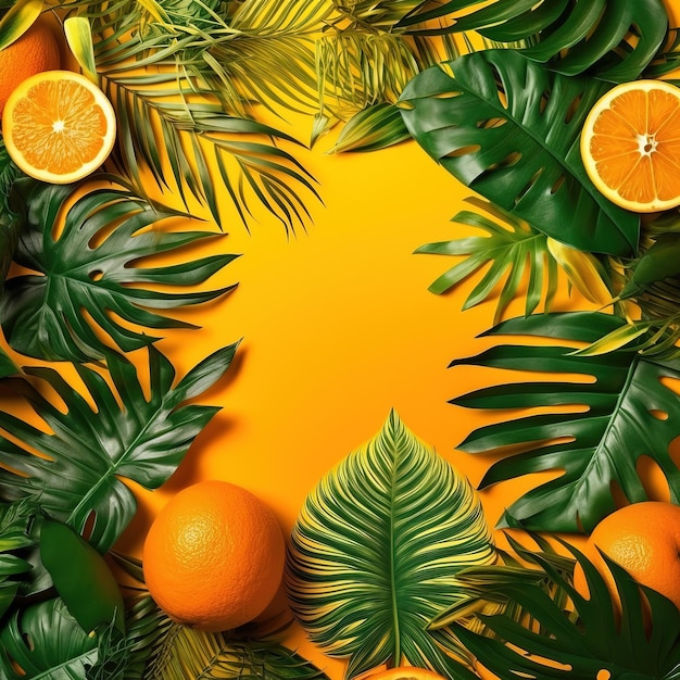 Foto un fondo amarillo con hojas tropicales y naranjas.