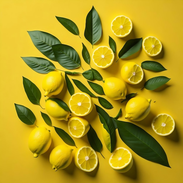 Un fondo amarillo con limones y hojas verdes.