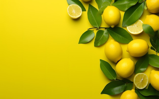 Un fondo amarillo con limones y hojas.