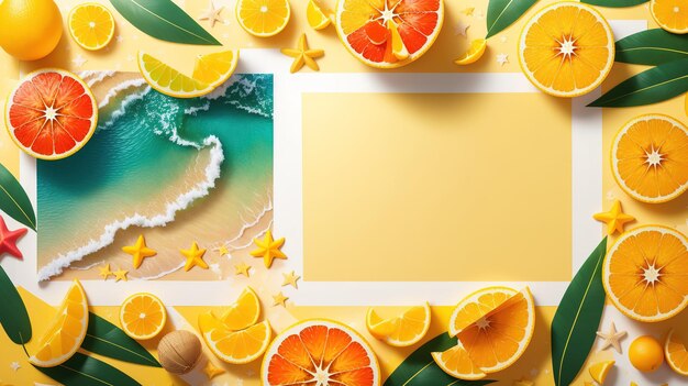 Un fondo amarillo con naranjas y una escena de playa.