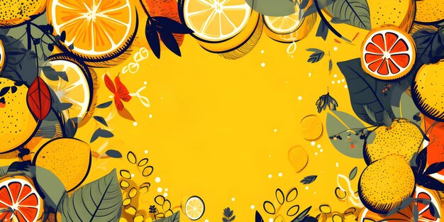 Un fondo amarillo con naranjas y limones.