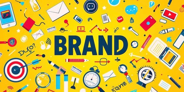 Un fondo amarillo con la palabra BRAND en grandes letras en negrita en su centro y rodeado de iconos que representan varios elementos de marketing
