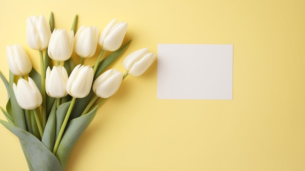 fondo amarillo pálido con un ramo de tulipanes blancos y una tarjeta de felicitación espacio libre para el texto