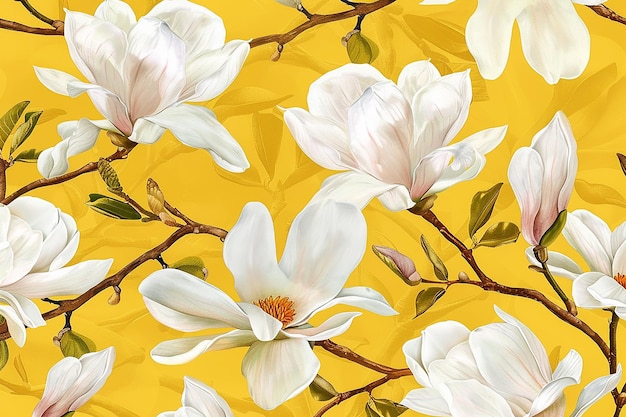 un fondo amarillo con una rama de árbol que tiene flores blancas en él