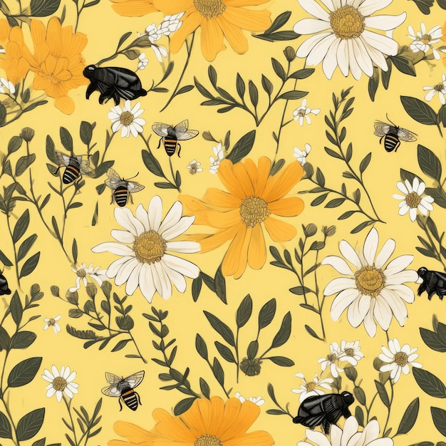 Un fondo amarillo con un ramo de flores y abejas.