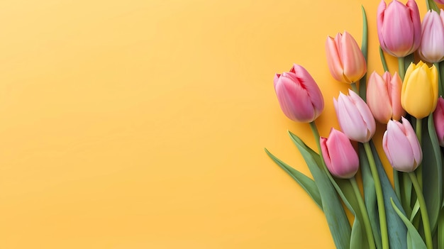 un fondo amarillo con tulipanes rosados y naranjas