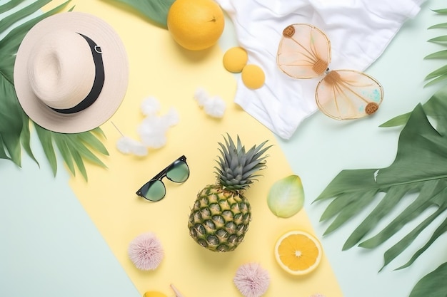 Un fondo amarillo y verde con gafas de sol de piña y una camiseta blanca.