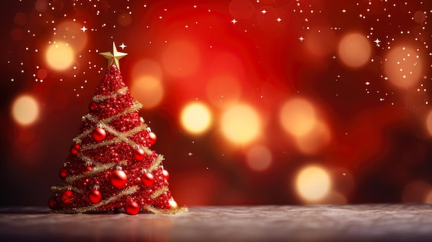 El fondo de Año Nuevo en bokeh rojo con un árbol de Navidad en primer plano