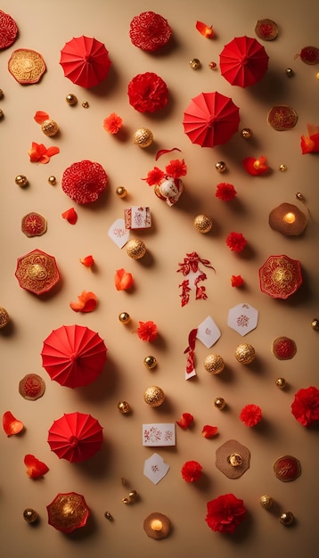 Fondo de Año Nuevo Chino Linternas de papel rojo confeti y galletas de pan de jengibre en fondo beige