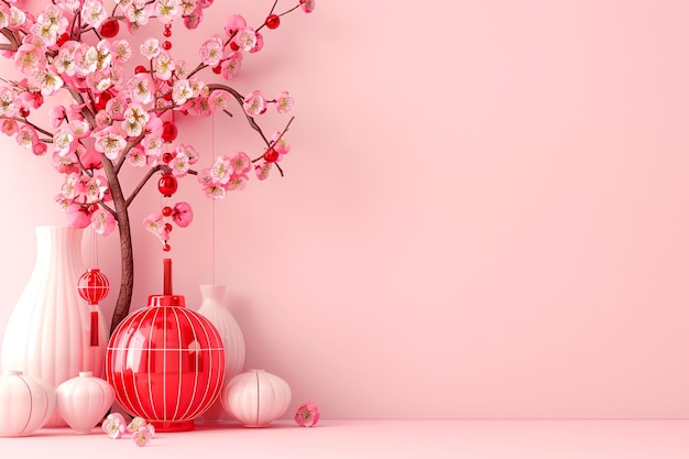 Fondo de año nuevo chino con linternas tradicionales flores de sakura y copia de espacio Año nuevo lunar