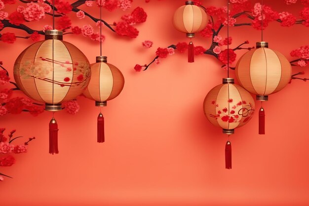 Foto fondo de año nuevo chino con linternas tradicionales flores de sakura y copia de espacio año nuevo lunar