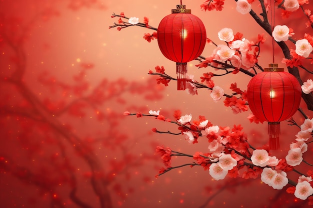 Fondo de año nuevo chino con linternas tradicionales flores de sakura y copia de espacio Año nuevo lunar