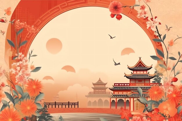 Fondo de año nuevo chino con linternas tradicionales flores de sakura y copia de espacio Año nuevo lunar