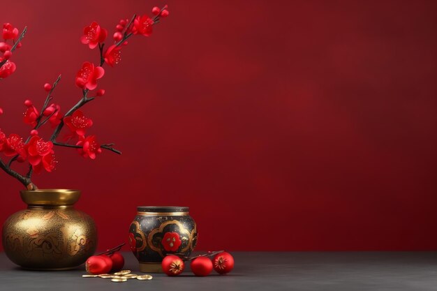 Fondo de año nuevo chino con linternas tradicionales, flores de sakura y espacio de copia Año nuevo lunar