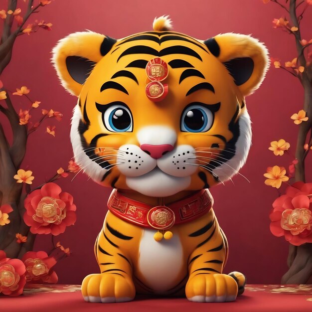 El fondo del año nuevo chino con un personaje de dibujos animados de tigre lindo en 3D