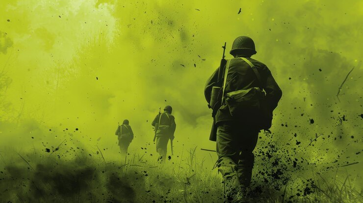 Fondo antiguo del Ejército de la Segunda Guerra Mundial en tonos amarillos y verdes vibrantes para el diseño de presentaciones de PowerPoint